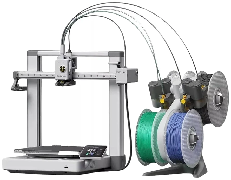 Impressora 3D Bambu Lab A1 com quatro rolos de filamento coloridos